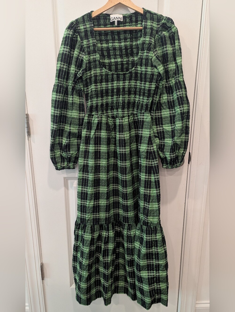 Ganni Green Black Plaid Smocked Maxi Dress Size 34 Cotton Europe Summer Long - Picture 3 of 10